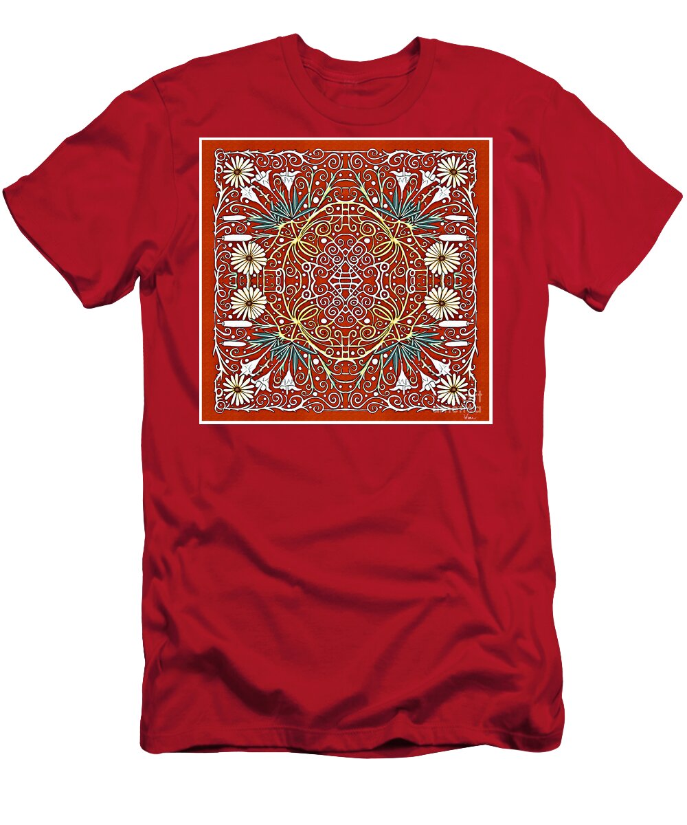 Lise Winne T-Shirt featuring the mixed media Lilies and Daisies and White tubular Flowers on a Red Background square design for decor by Lise Winne