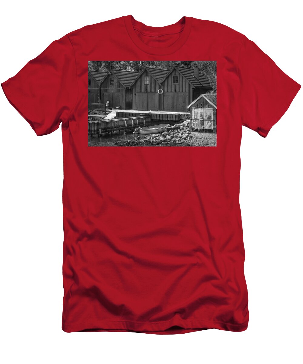 Barns T-Shirt featuring the photograph Little Fishing Huts Black and White by Debra and Dave Vanderlaan