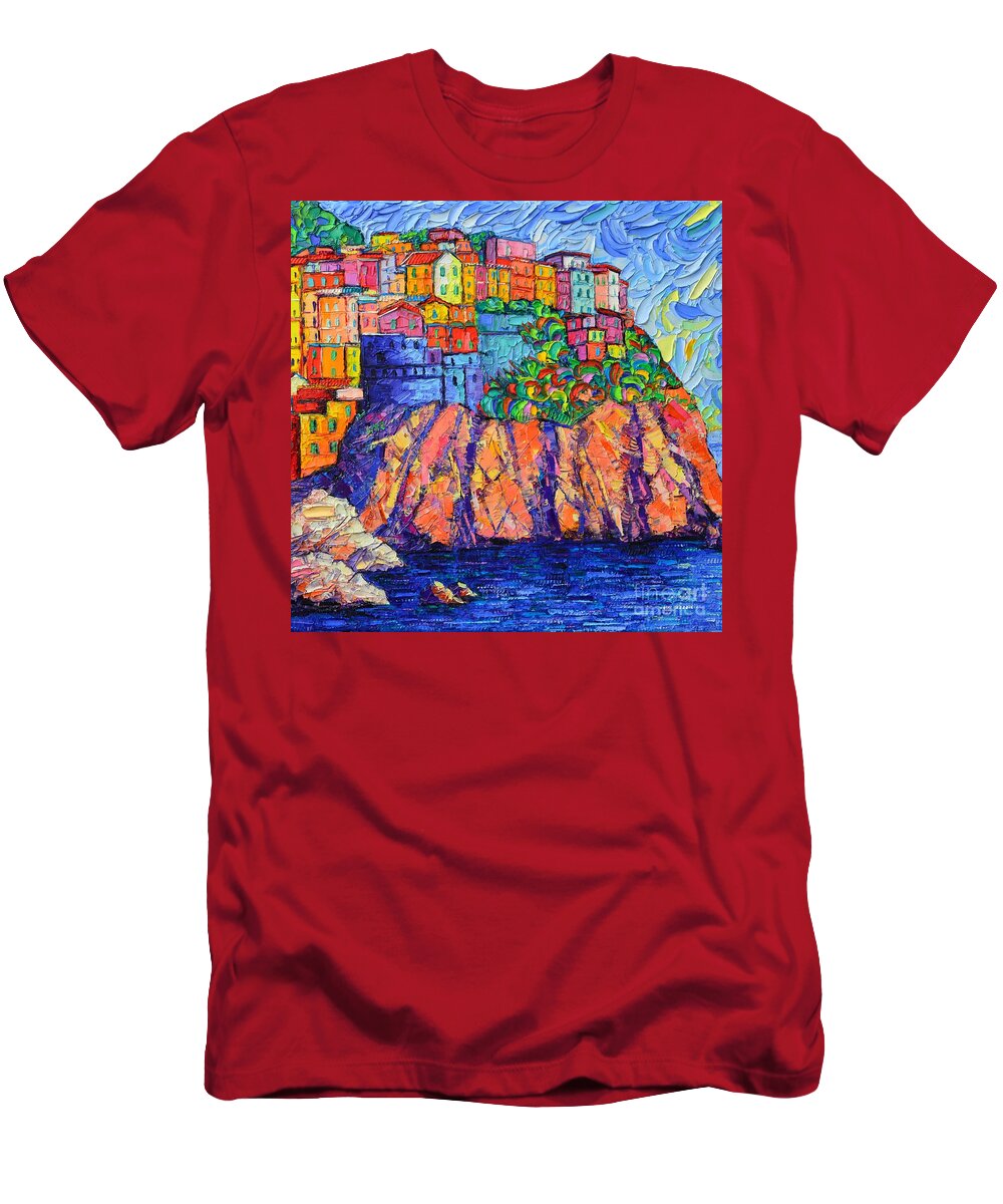 Manarola T-Shirt featuring the painting Manarola Cinque Terre Italy Detail by Ana Maria Edulescu