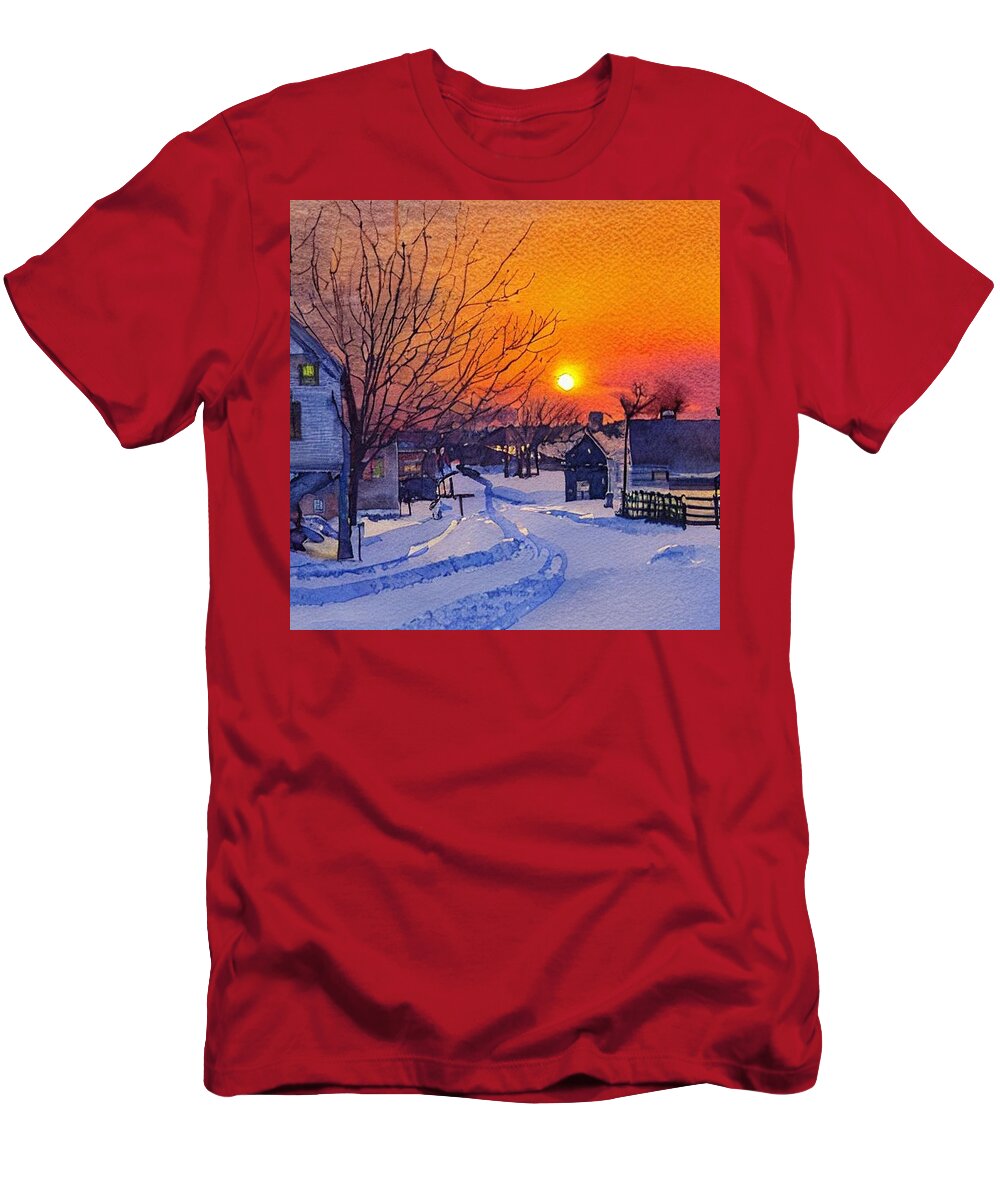 Pequannock T-Shirt featuring the painting Mandeville Ave, Pequannock Blizzard of 1947 by Christopher Lotito