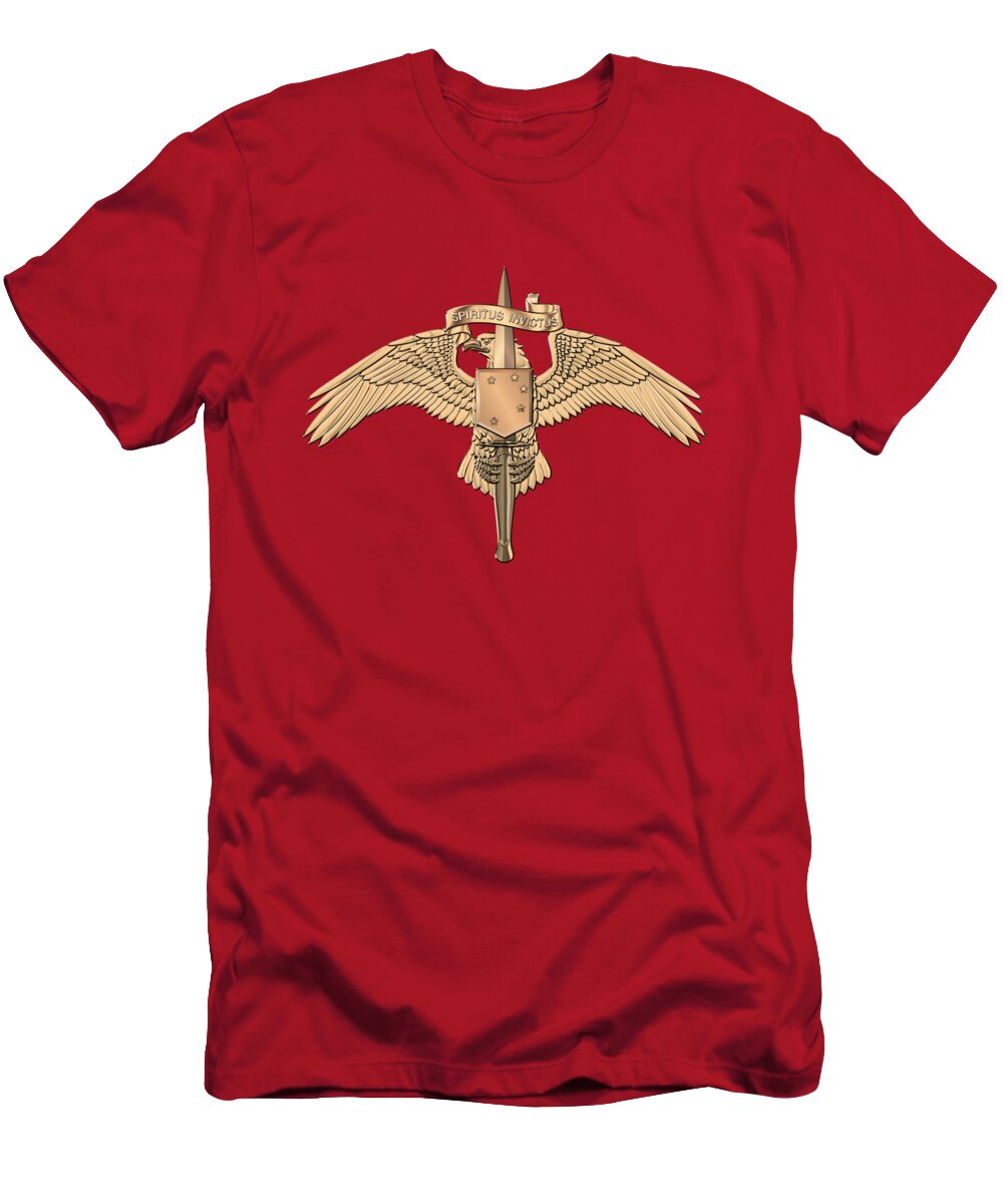 Military Insignia & Heraldry Collection By Serge Averbukh T-Shirt featuring the digital art Marine Special Operator Insignia - USMC Raider Dagger Badge over Red Velvet by Serge Averbukh