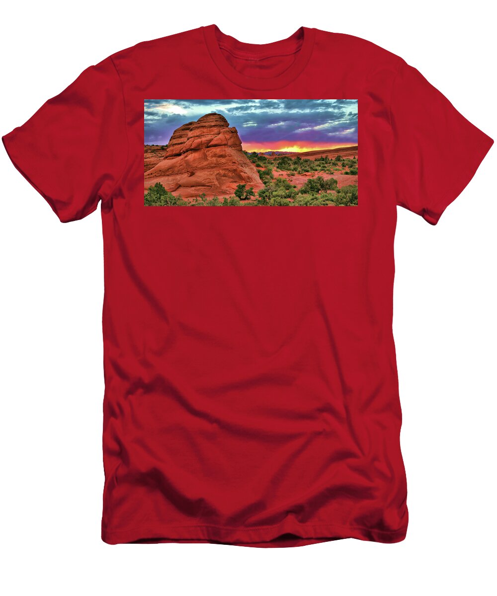 Utah Wall Art T-Shirt featuring the photograph Moab Utah Sunset Panorama From The Delicate Arch Trail by Gregory Ballos