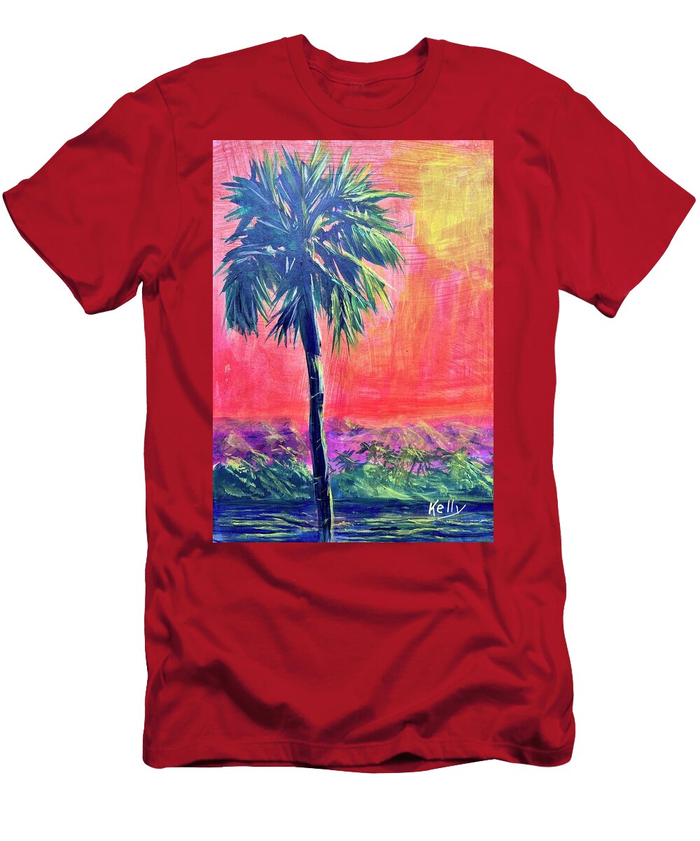 Palm T-Shirt featuring the painting Moonlit Palm by Kelly Smith