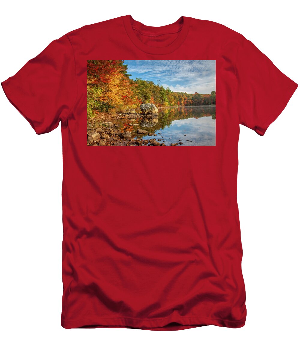 Frog Rock T-Shirt featuring the photograph Morning reflection of fall colors by Jeff Folger