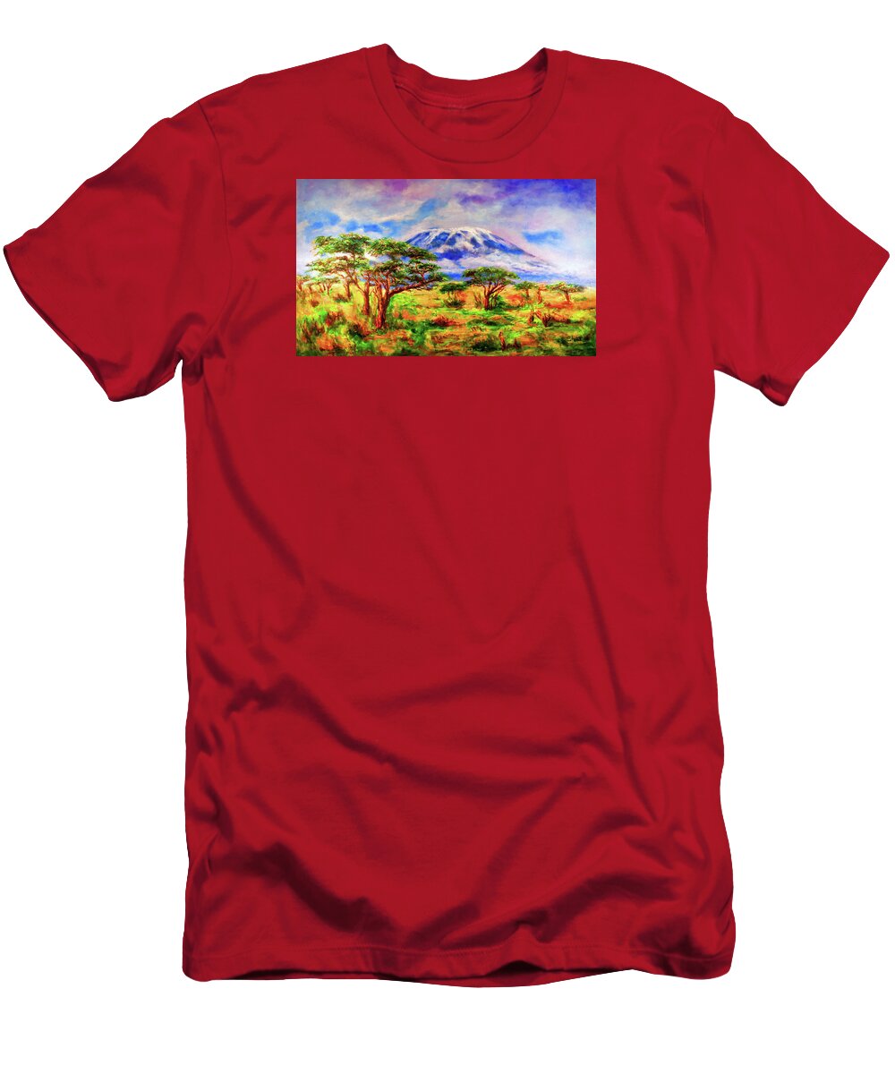 Africa T-Shirt featuring the painting Mount Kilimanjaro Tanzania by Sher Nasser Artist