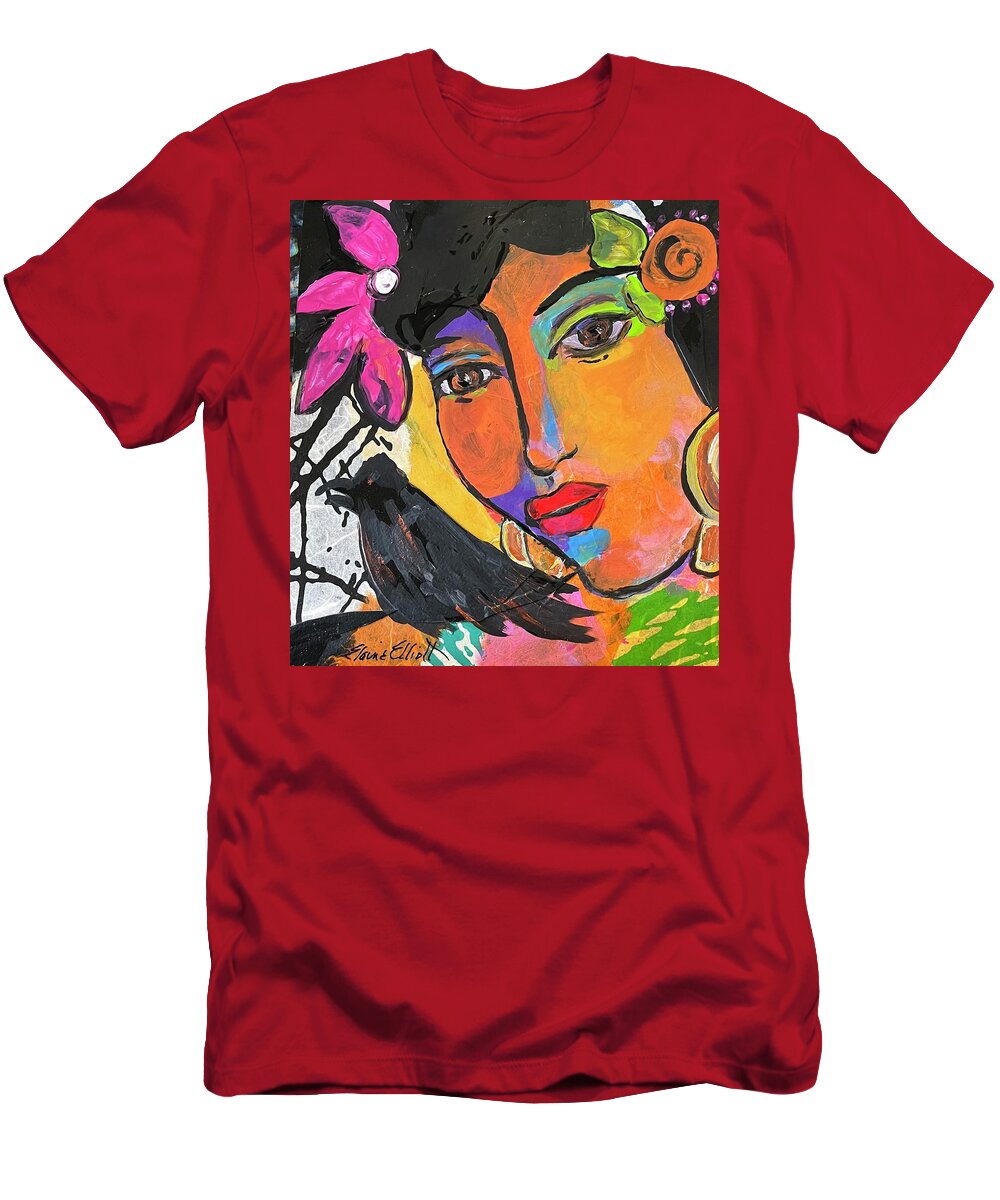 Mexican Woman T-Shirt featuring the painting Mujer con Pajaro by Elaine Elliott