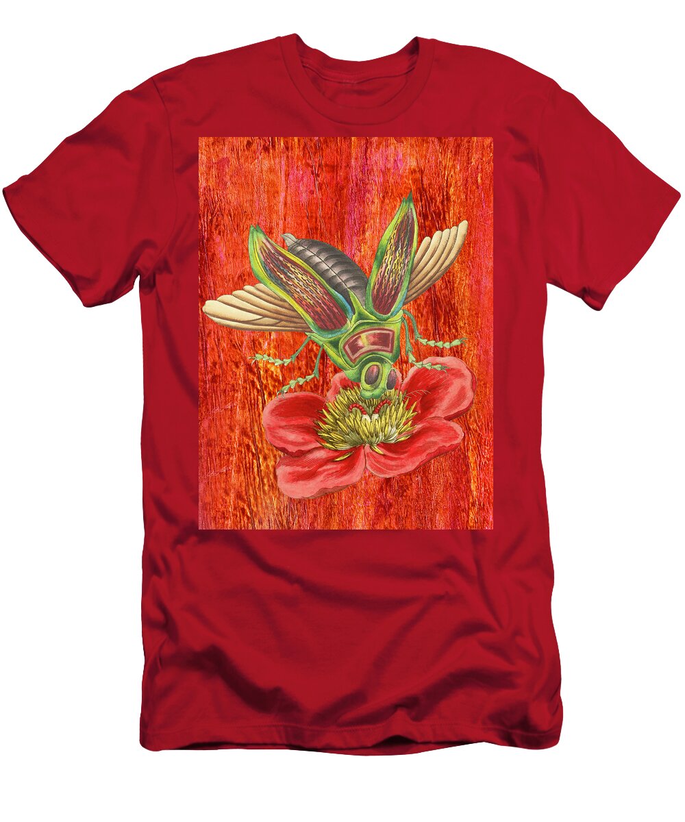 Insect T-Shirt featuring the mixed media Multicolored Fly on a Red Flower by Lorena Cassady