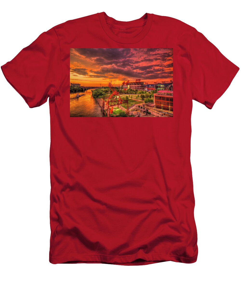 Reid Callaway Nashville Tn Images T-Shirt featuring the photograph Nashville TN Reflective Glow Sunset Tennessee Titans Nissan Stadium Architectural Art by Reid Callaway