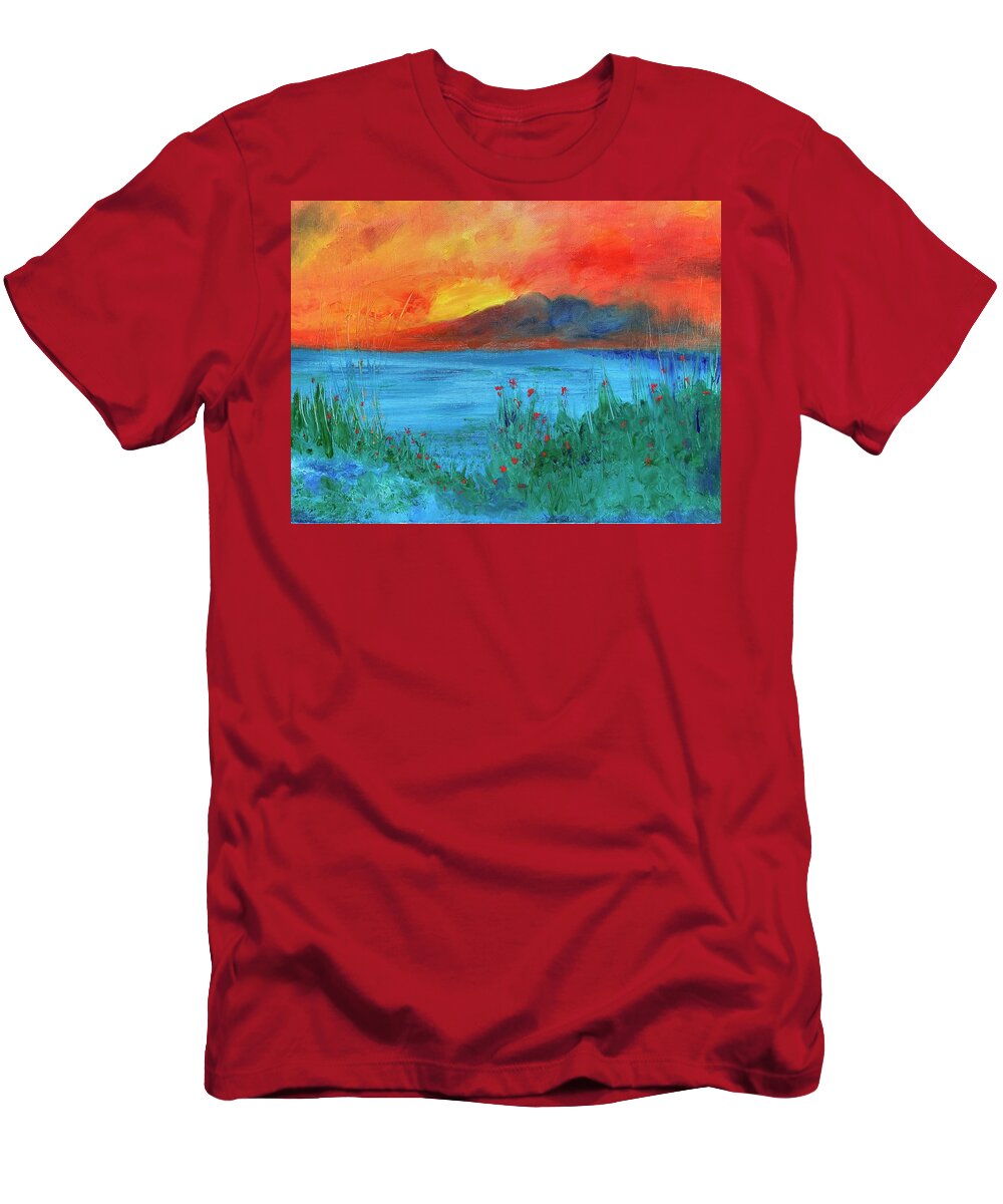 Sunset T-Shirt featuring the painting Ode to Wildflowers at Sunset by Susan Grunin