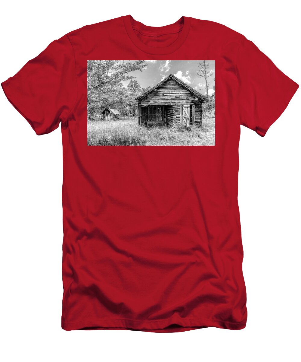 Black T-Shirt featuring the photograph Old Barns at Buckley Vineyards Black and White by Debra and Dave Vanderlaan
