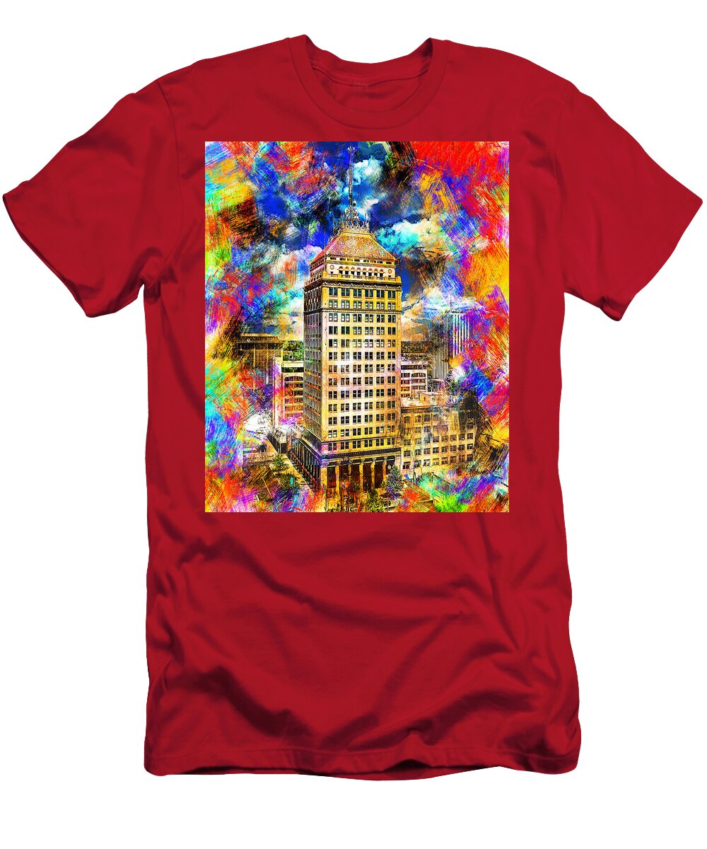 Pacific Southwest Building T-Shirt featuring the digital art Pacific Southwest Building in Fresno - colorful painting by Nicko Prints