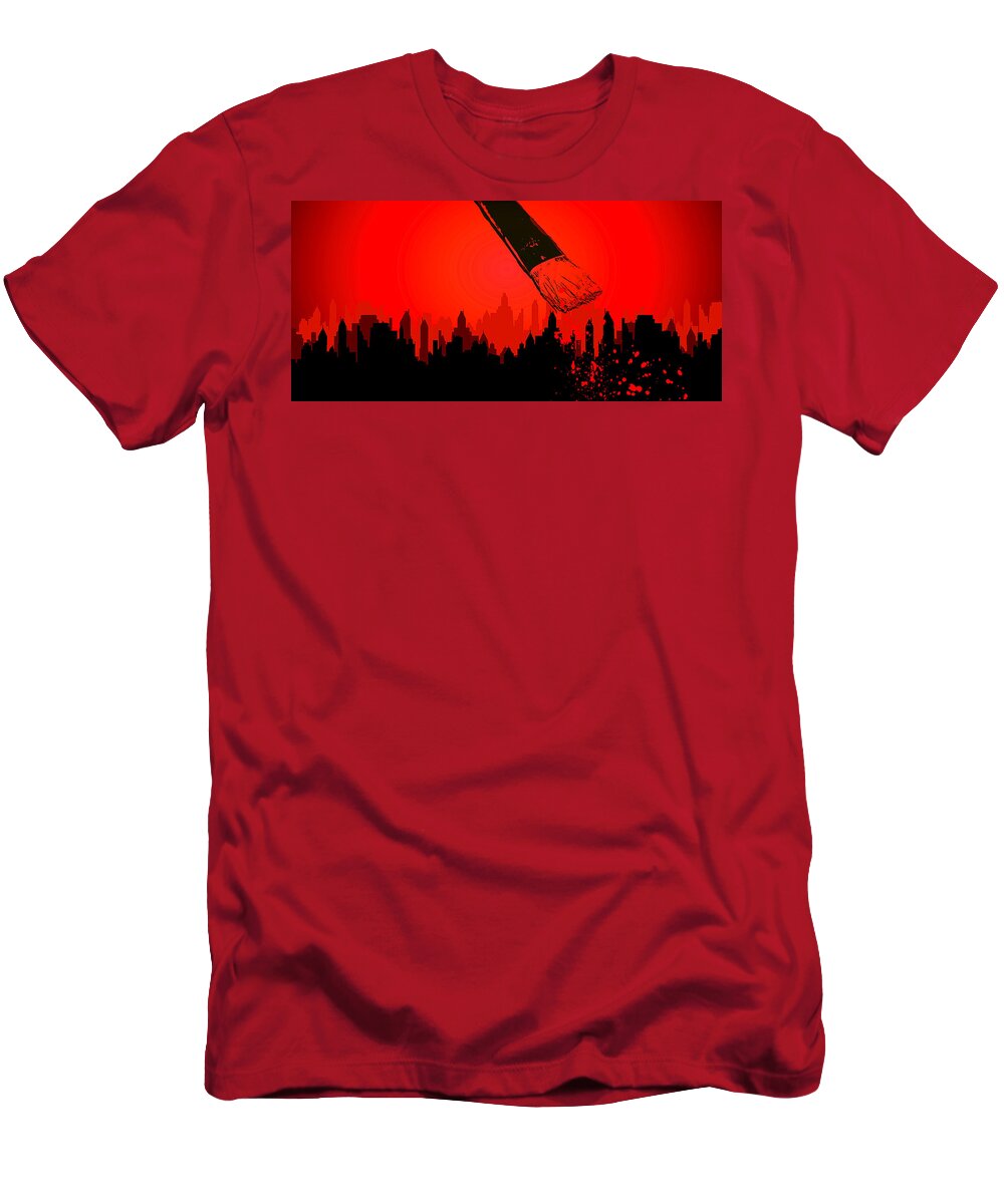 City Skyline T-Shirt featuring the mixed media Painting the Town Red by Shelli Fitzpatrick