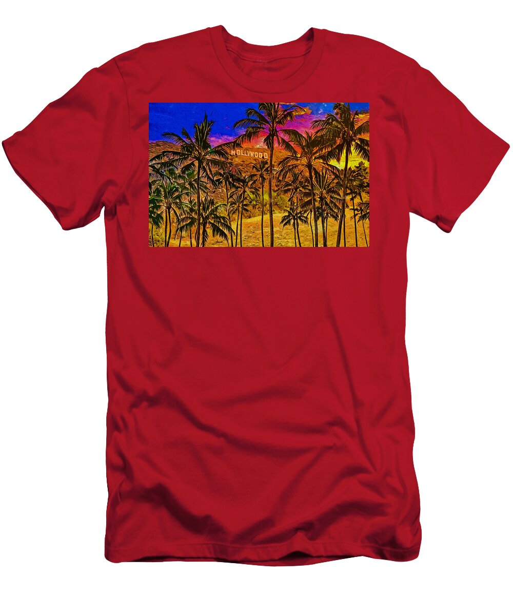 Palm trees in front of the Hollywood Sign, and dramatic sky - painting T-Shirt Sale by Watch And Relax