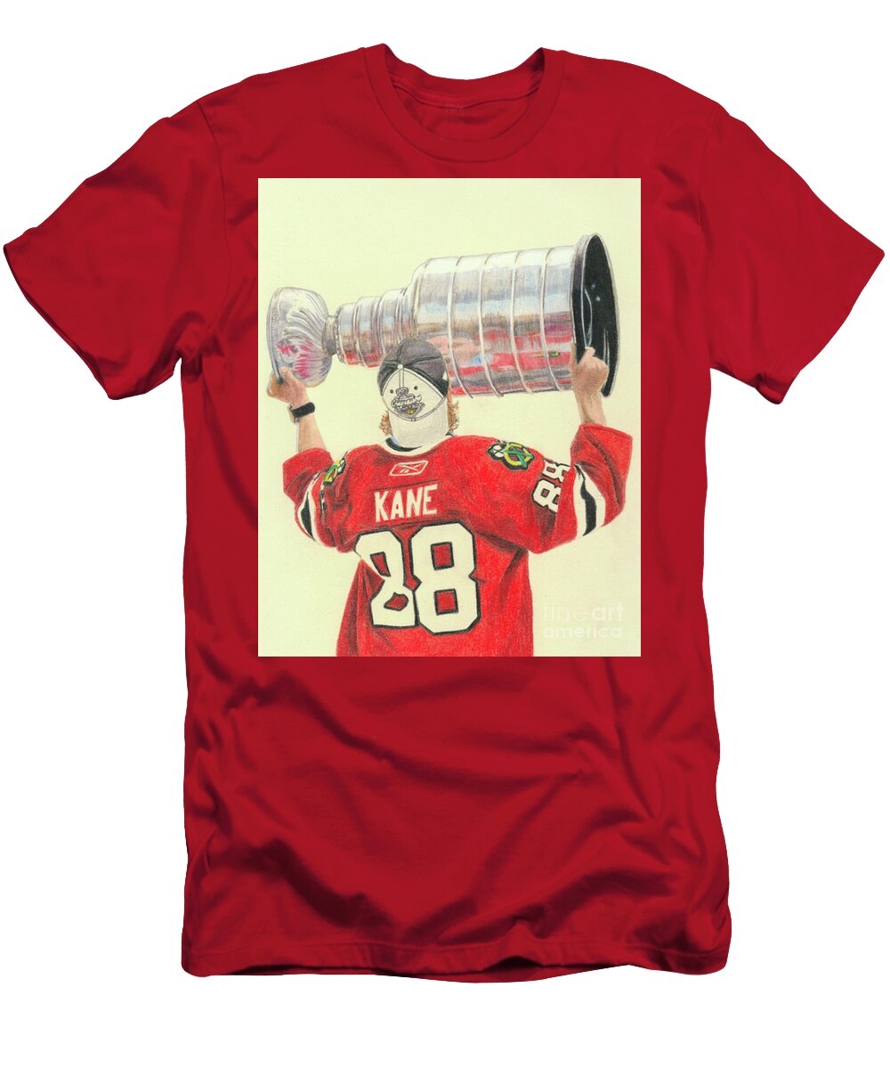 Patrick Kane T-Shirt featuring the drawing Patrick Kane - Stanley Cup Champion by Melissa Jacobsen