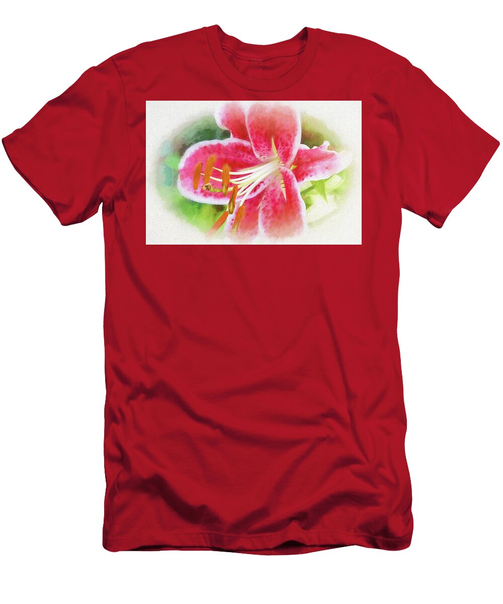 Lily T-Shirt featuring the photograph Pink and White Flowering Stargazer Lily in a Garden by Ola Allen