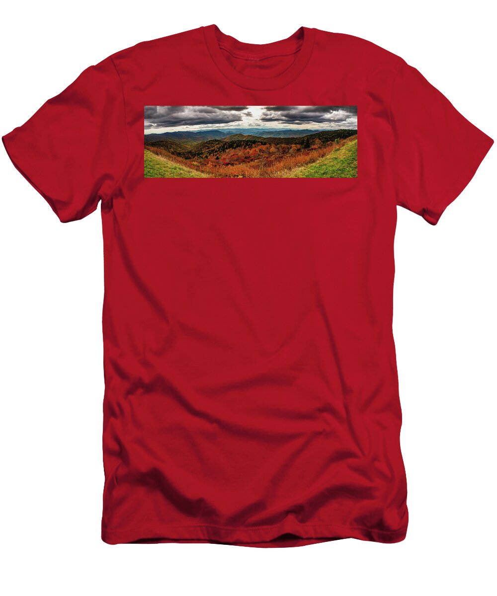 Autumn T-Shirt featuring the photograph Pisgah Forest Autumn Panorama by Dan Carmichael
