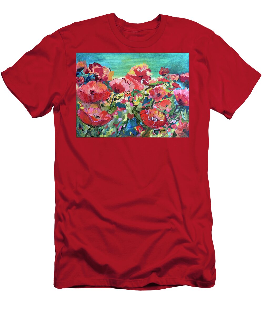 Blue T-Shirt featuring the painting Poppies and wind by Genevieve Holland