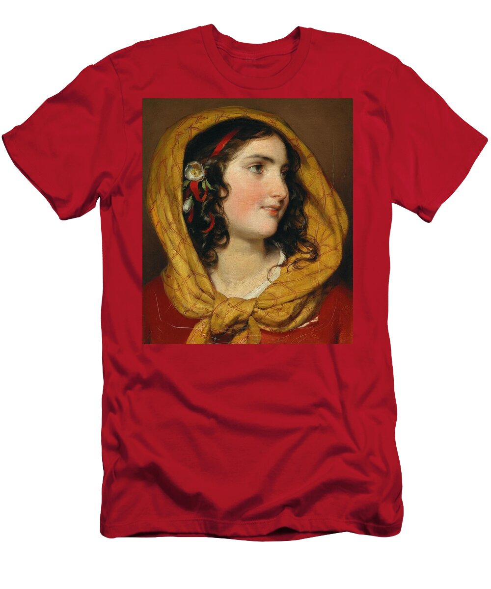  T-Shirt featuring the drawing Portrait of a girl with a red hairband and a yellow headscarf by Friedrich von Amerling Austrian