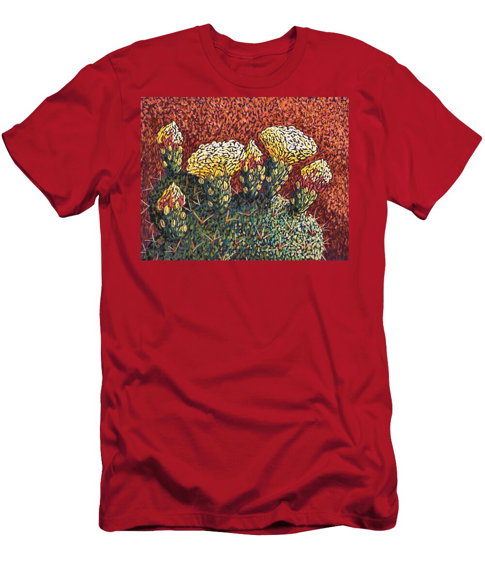 Prickly Pear Cactus T-Shirt featuring the painting Prickly Pear Buds and Flowers by Candy Mayer