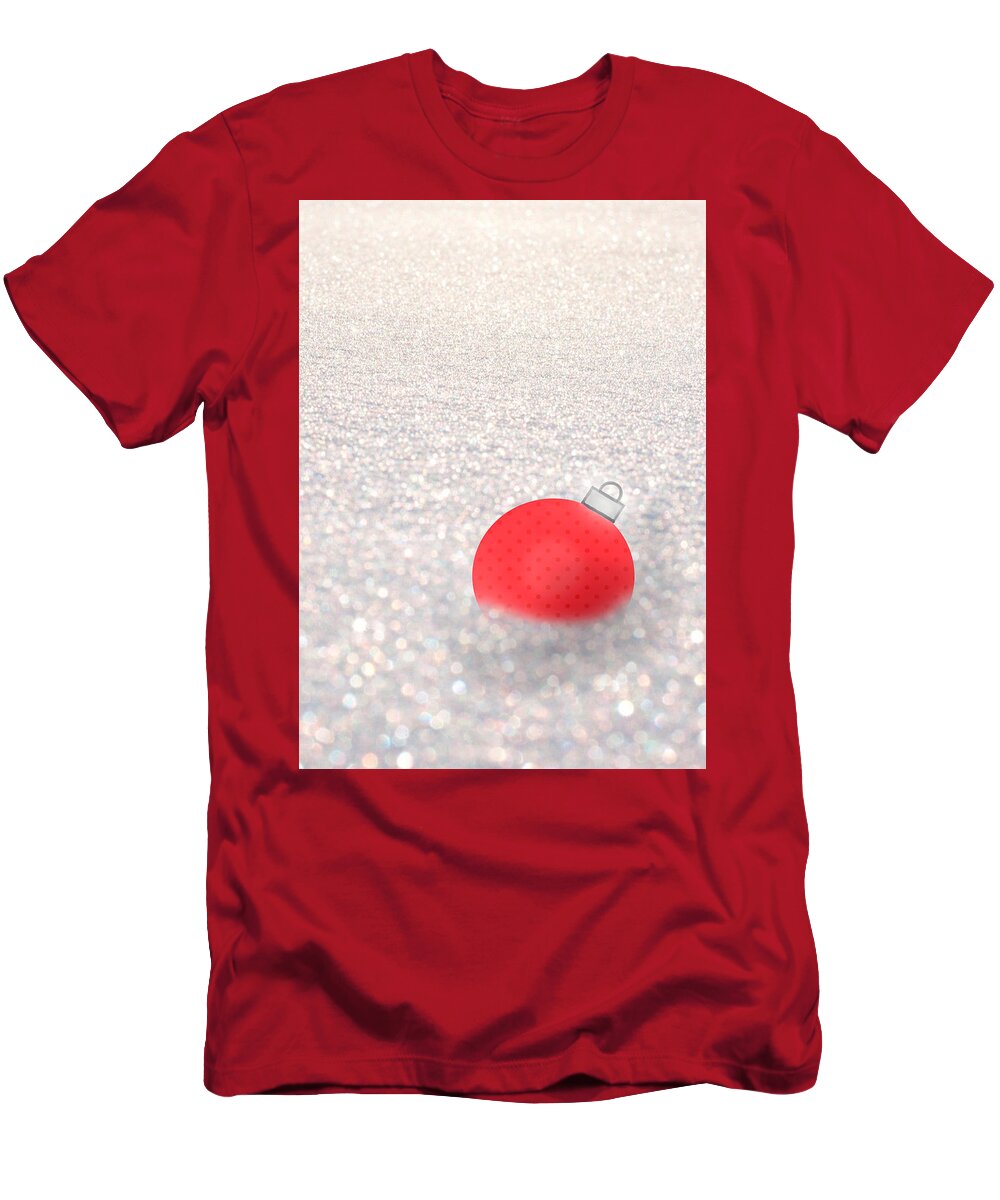 Red Ball T-Shirt featuring the mixed media Red Ball in Snow by Moira Law