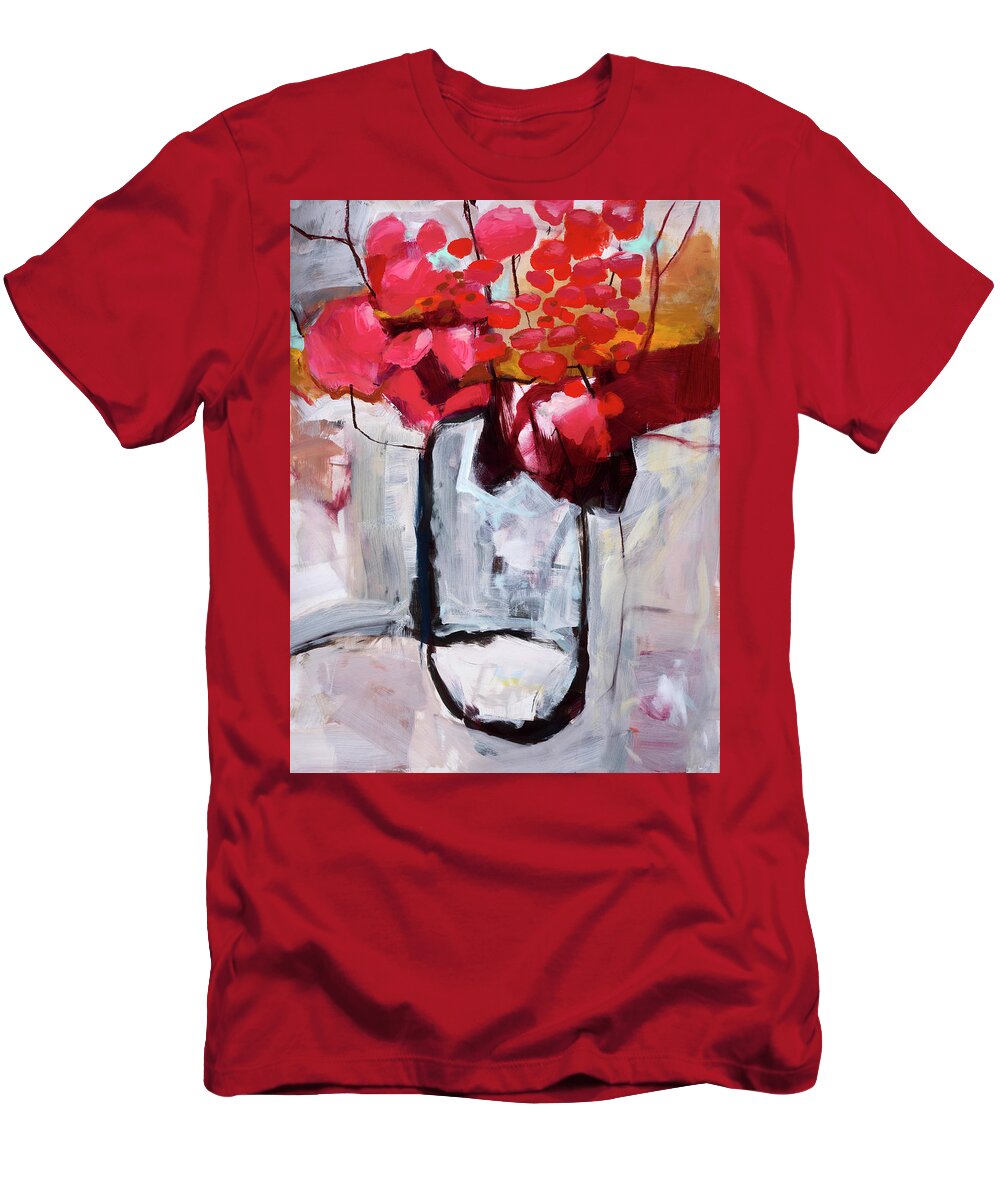 Abstract Art T-Shirt featuring the painting Red Flowers in a Jar by Jane Davies
