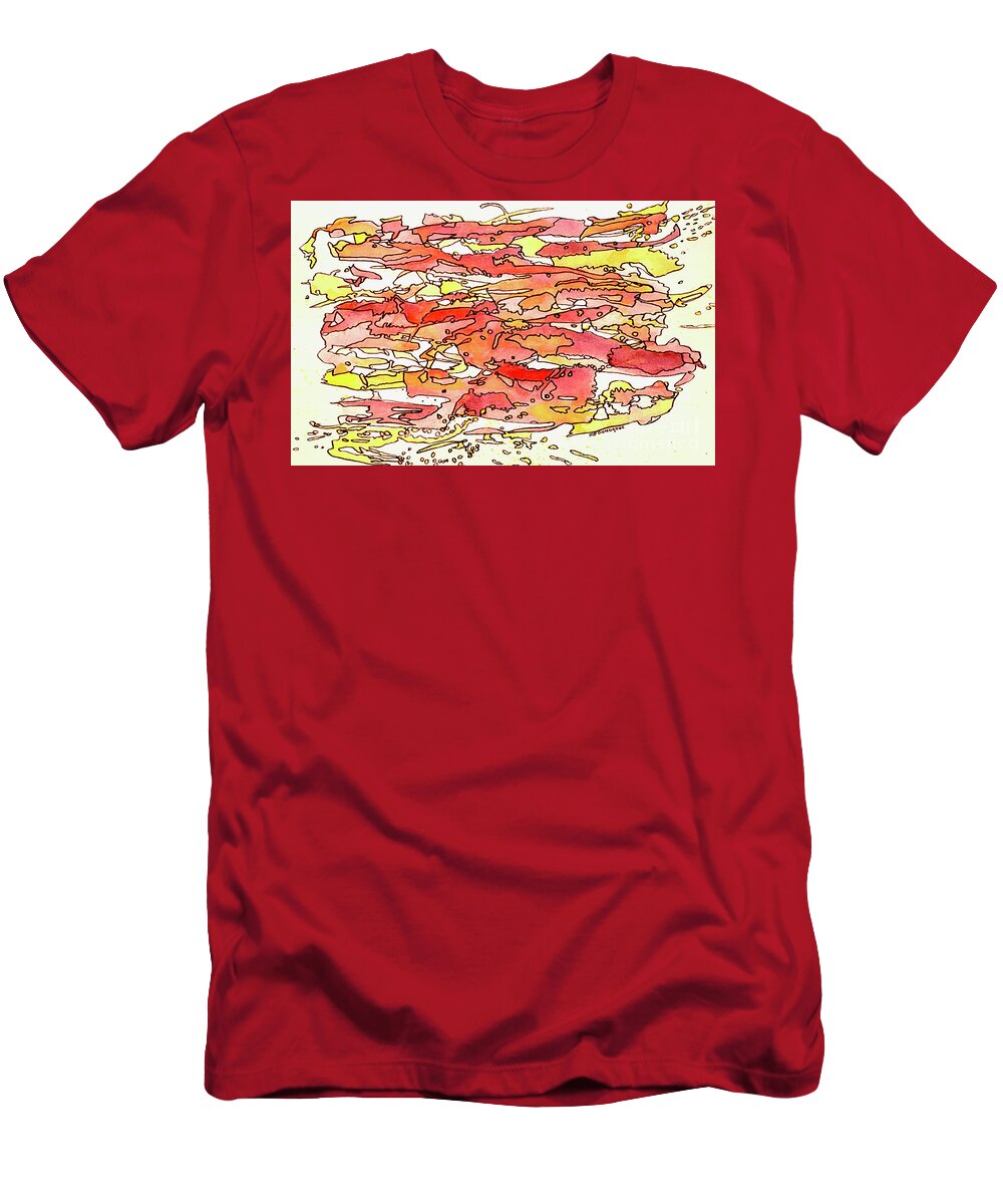 Red T-Shirt featuring the painting Red Lively Lava - Abstract by Patty Donoghue