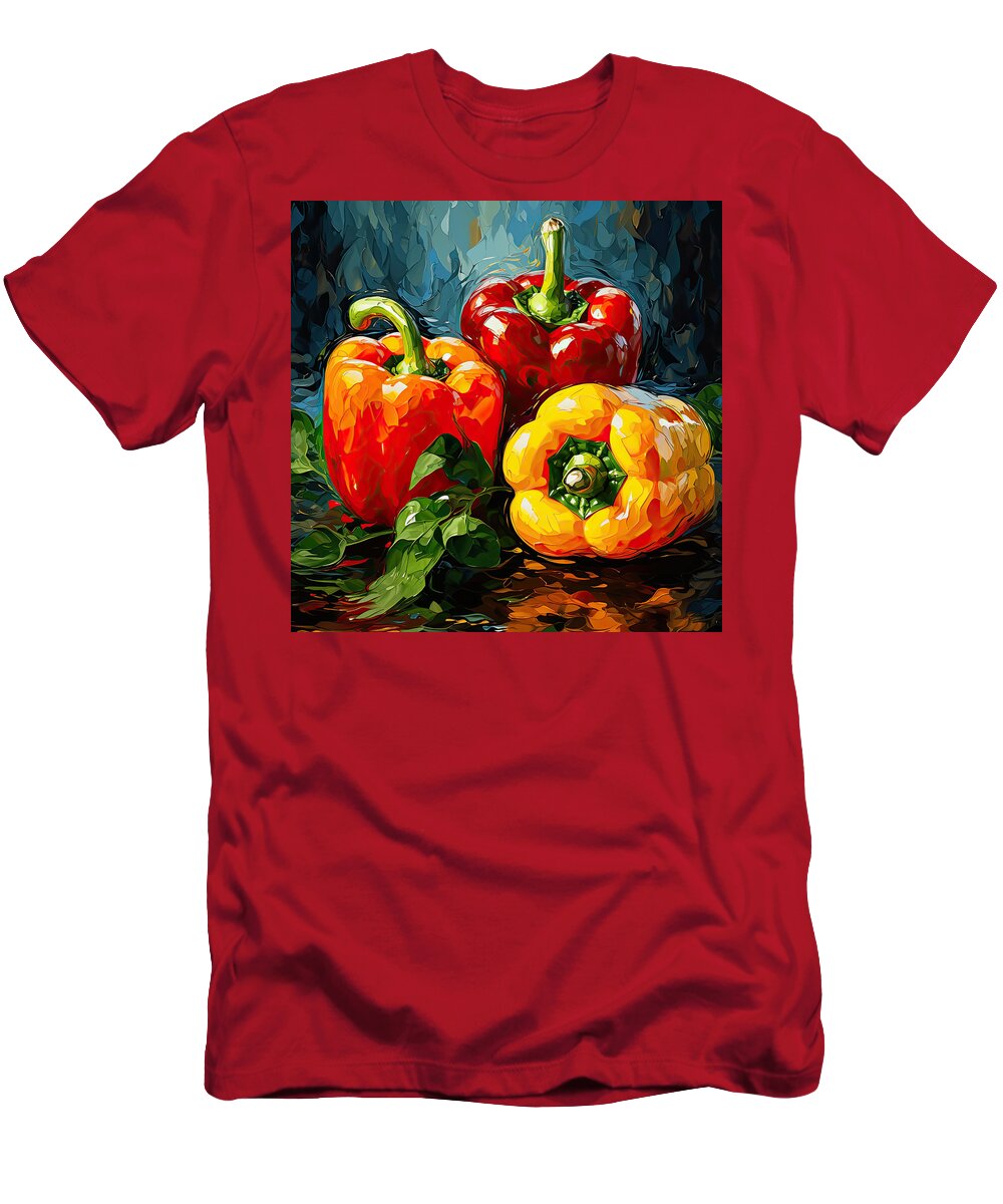 Bell Peppers T-Shirt featuring the digital art Red Orange and Yellow Bell Peppers Art by Lourry Legarde
