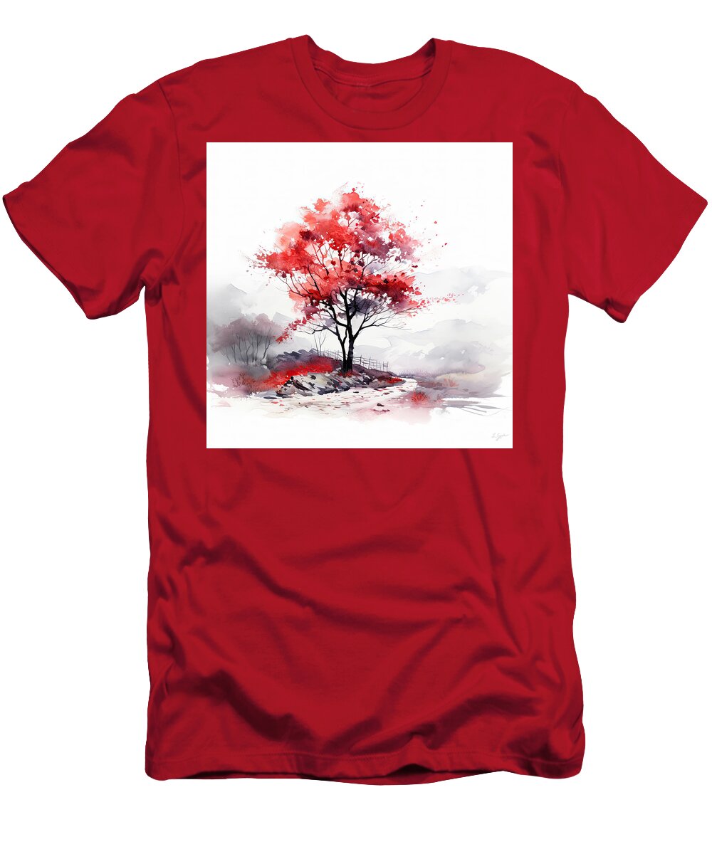 Red And Gray T-Shirt featuring the painting Red Reign - Red and Gray Landscape by Lourry Legarde