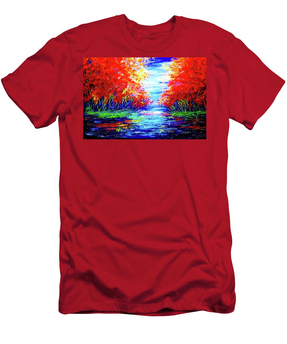  Modern T-Shirt featuring the painting Red trees reflected in the water by OLena Art by Lena Owens - Vibrant DESIGN
