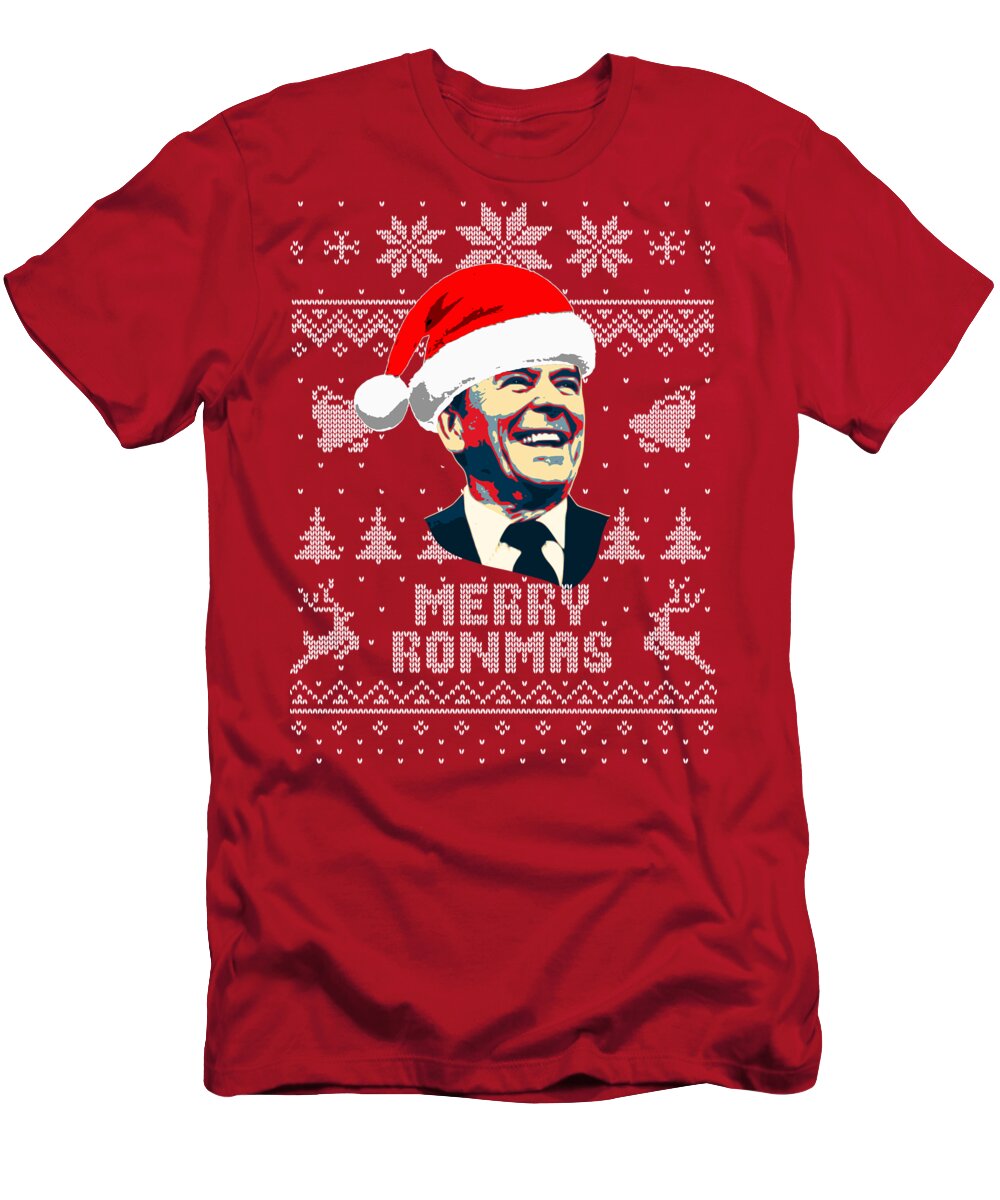Santa T-Shirt featuring the digital art Ronald Reagan Merry Ronmas by Megan Miller