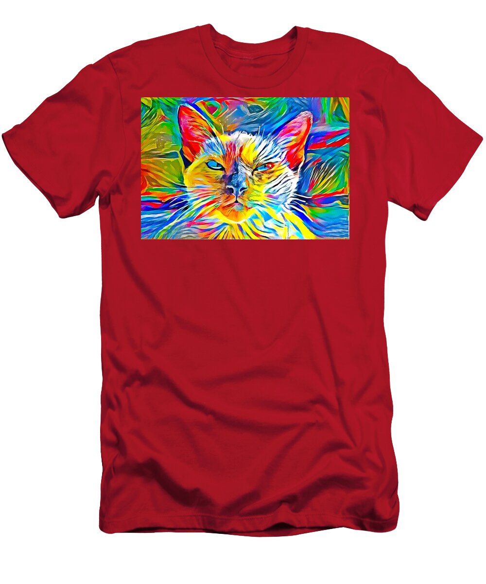 Siamese Cat T-Shirt featuring the digital art Siamese cat face in the sun - colorful zebra pattern painting by Nicko Prints