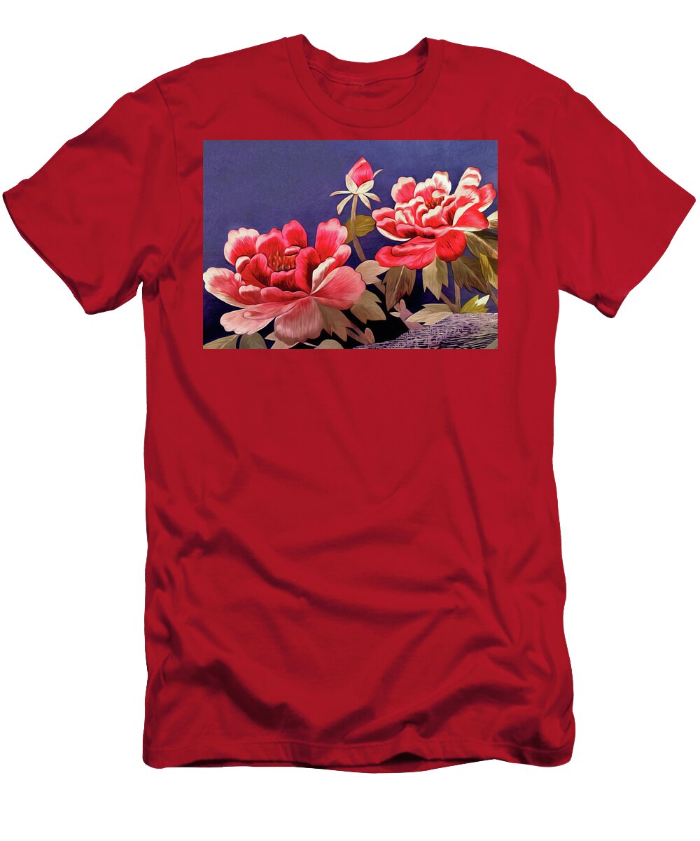 Silk Peonies T-Shirt featuring the tapestry - textile Silk Peonies - Kimono Series by Susan Maxwell Schmidt