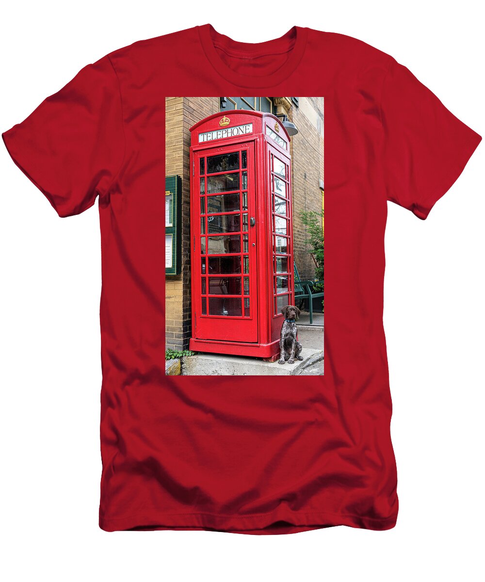 Telephone T-Shirt featuring the photograph Six Pence Pub Phone Booth Visitor by Douglas Wielfaert