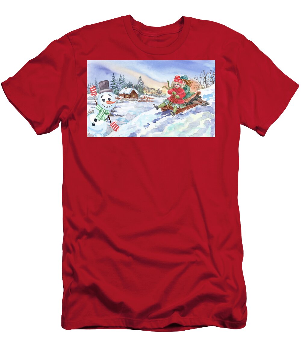 Winter Fun T-Shirt featuring the painting Snowman And Two Girls Sledding Winter Watercolor by Irina Sztukowski