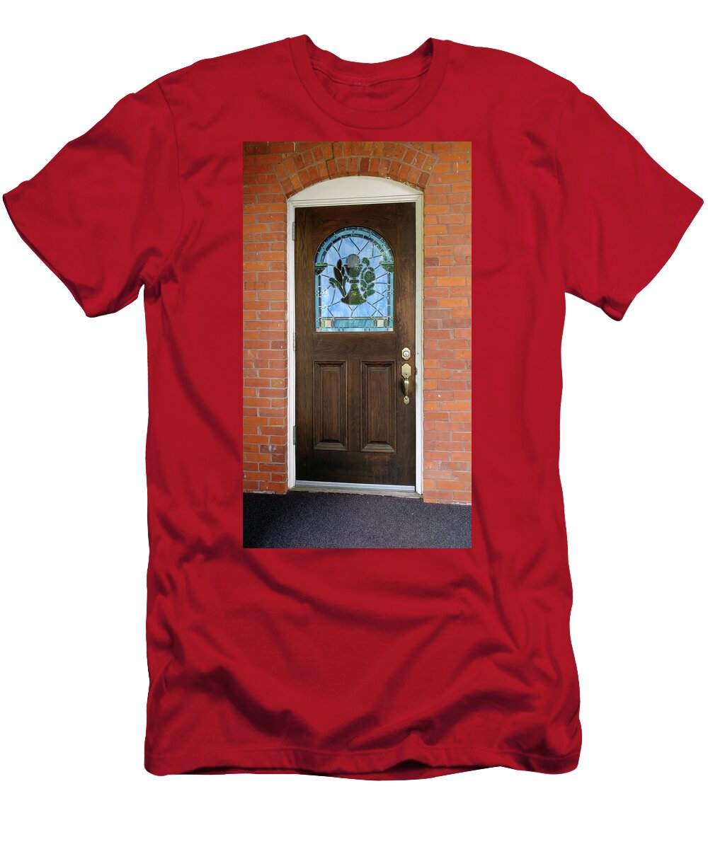 Door T-Shirt featuring the photograph St Paul Stained Glass Window Door by Ali Baucom