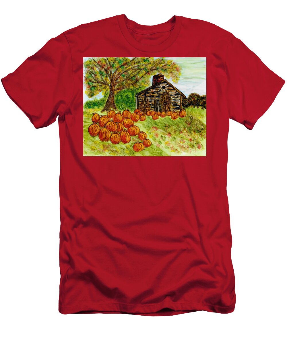  T-Shirt featuring the painting Stone Cabin Pumpkin Patch by Linda Stanton