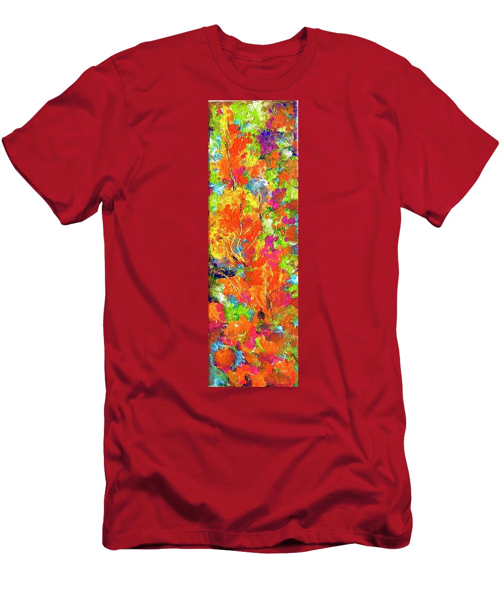Red And Orange Flowers Long Size Landscape Fire Element. T-Shirt featuring the painting Summer magic 1. by Caroline Patrick