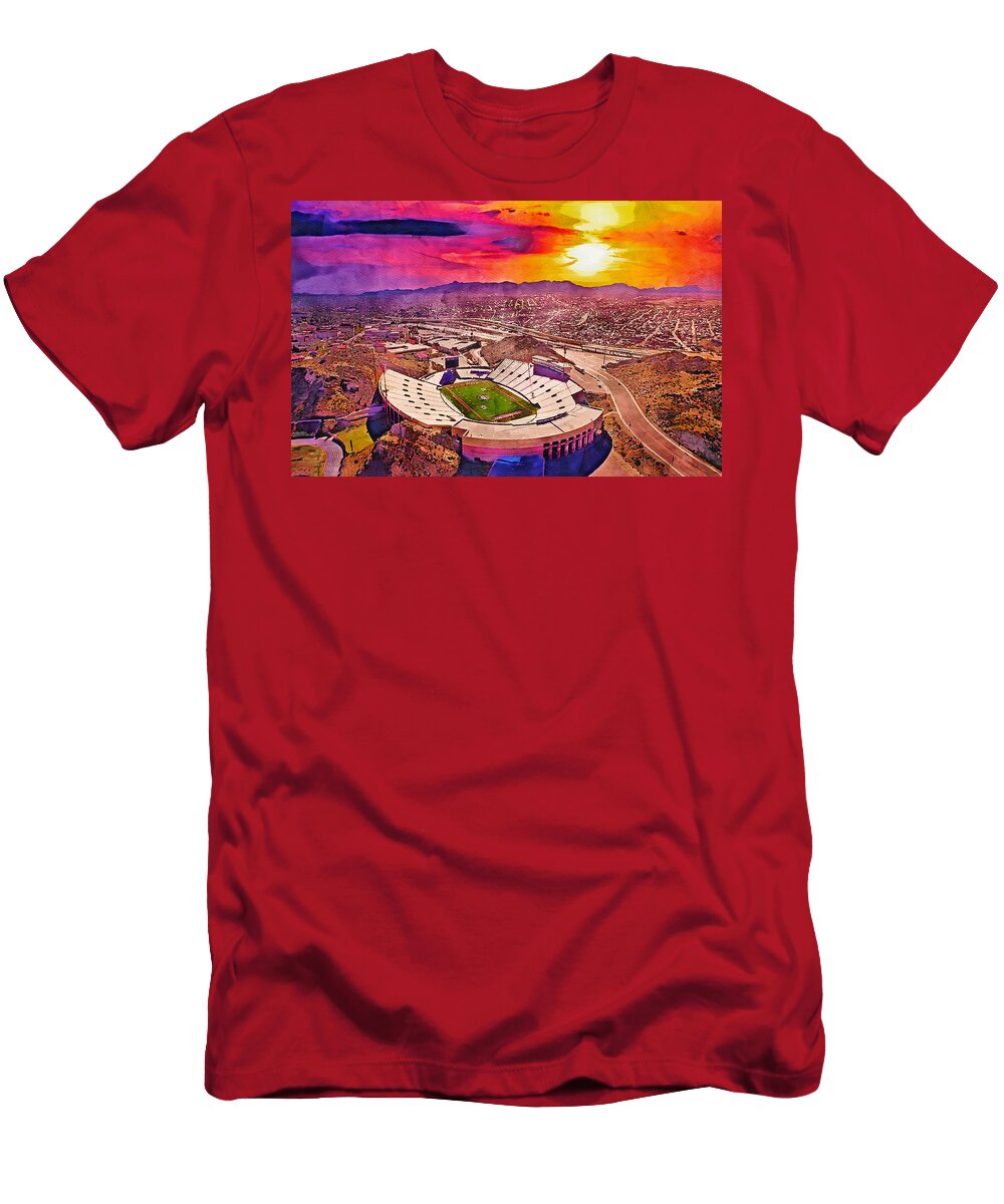 Sun Bowl T-Shirt featuring the digital art Sun Bowl stadium in El Paso at sunset - watercolor painting by Nicko Prints
