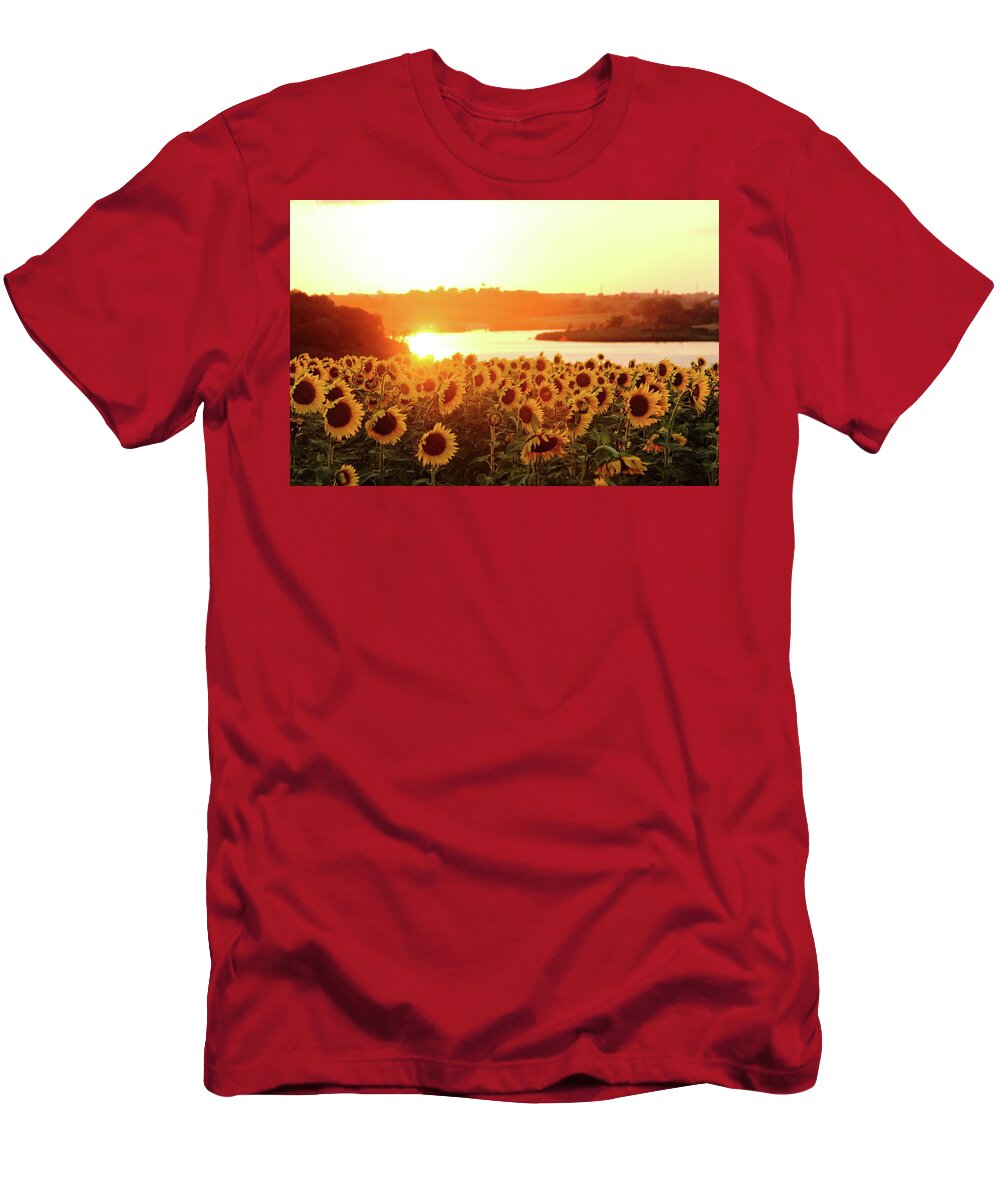 Summer T-Shirt featuring the photograph Sunflowers At Sunset by Lens Art Photography By Larry Trager