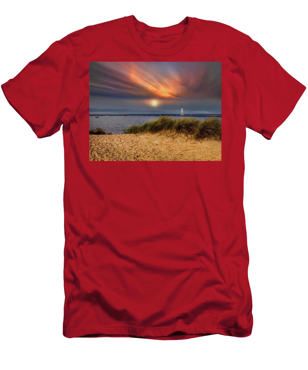 Northernmichigan T-Shirt featuring the photograph Sunset at Betsie Harbor Entrance IMG_3653 by Michael Thomas