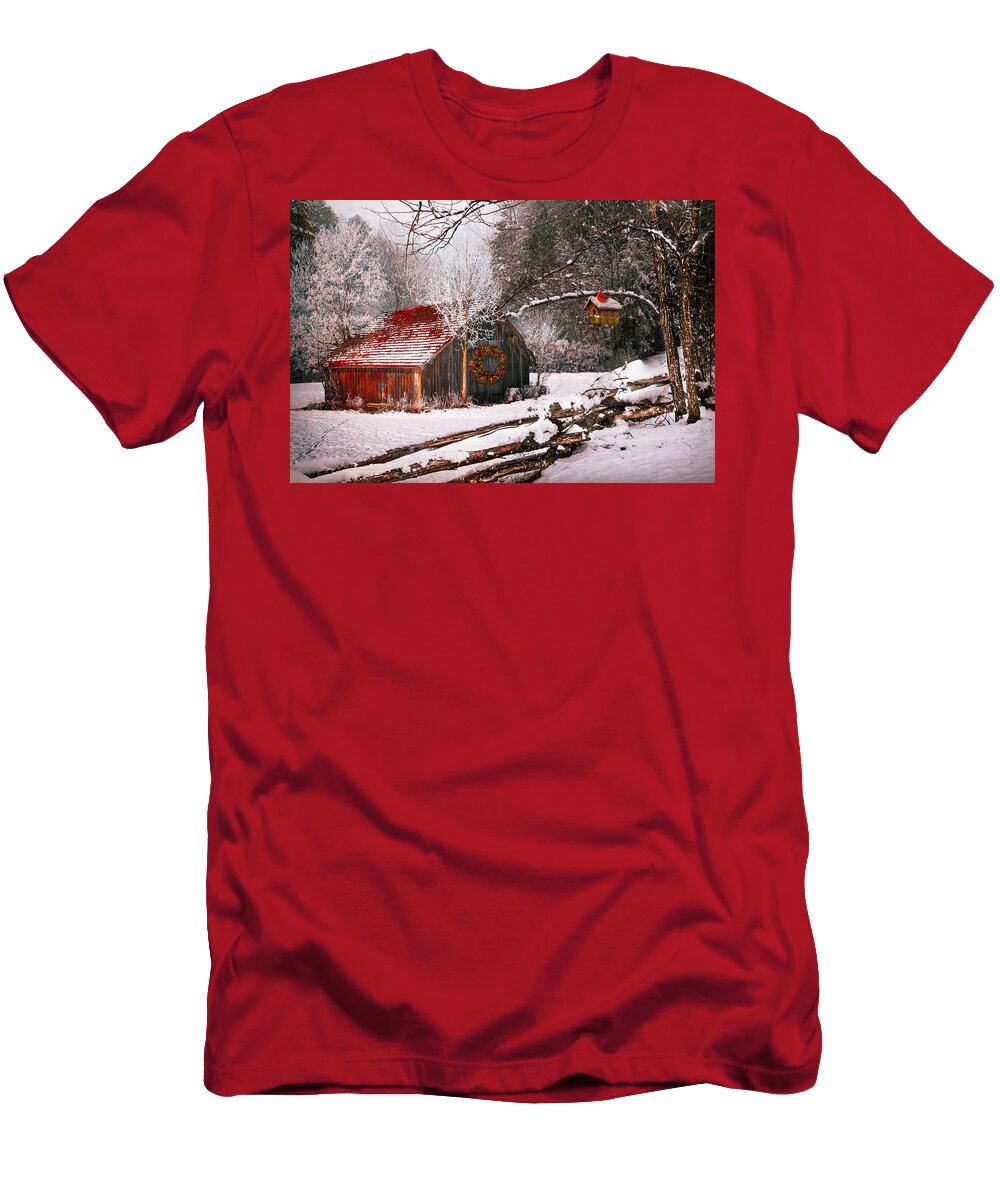 Barn T-Shirt featuring the photograph Sunset Barn in the Snow by Debra and Dave Vanderlaan
