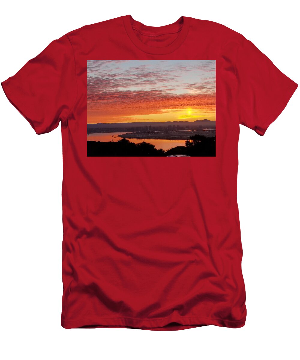 Sunset Water Bay Trees Yellow Orange Grey Clouds Island T-Shirt featuring the digital art Sunset over Mission Bay by Kathleen Boyles