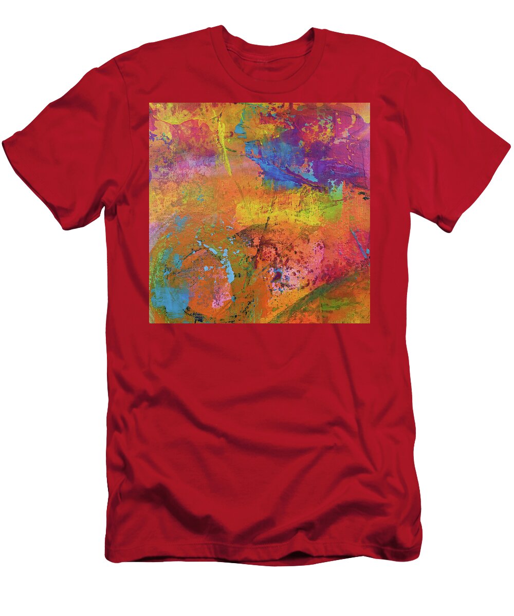Bright T-Shirt featuring the painting SUPERNOVA Colorful Abstract Painting in Red Orange Yellow Blue Pink by Lynnie Lang