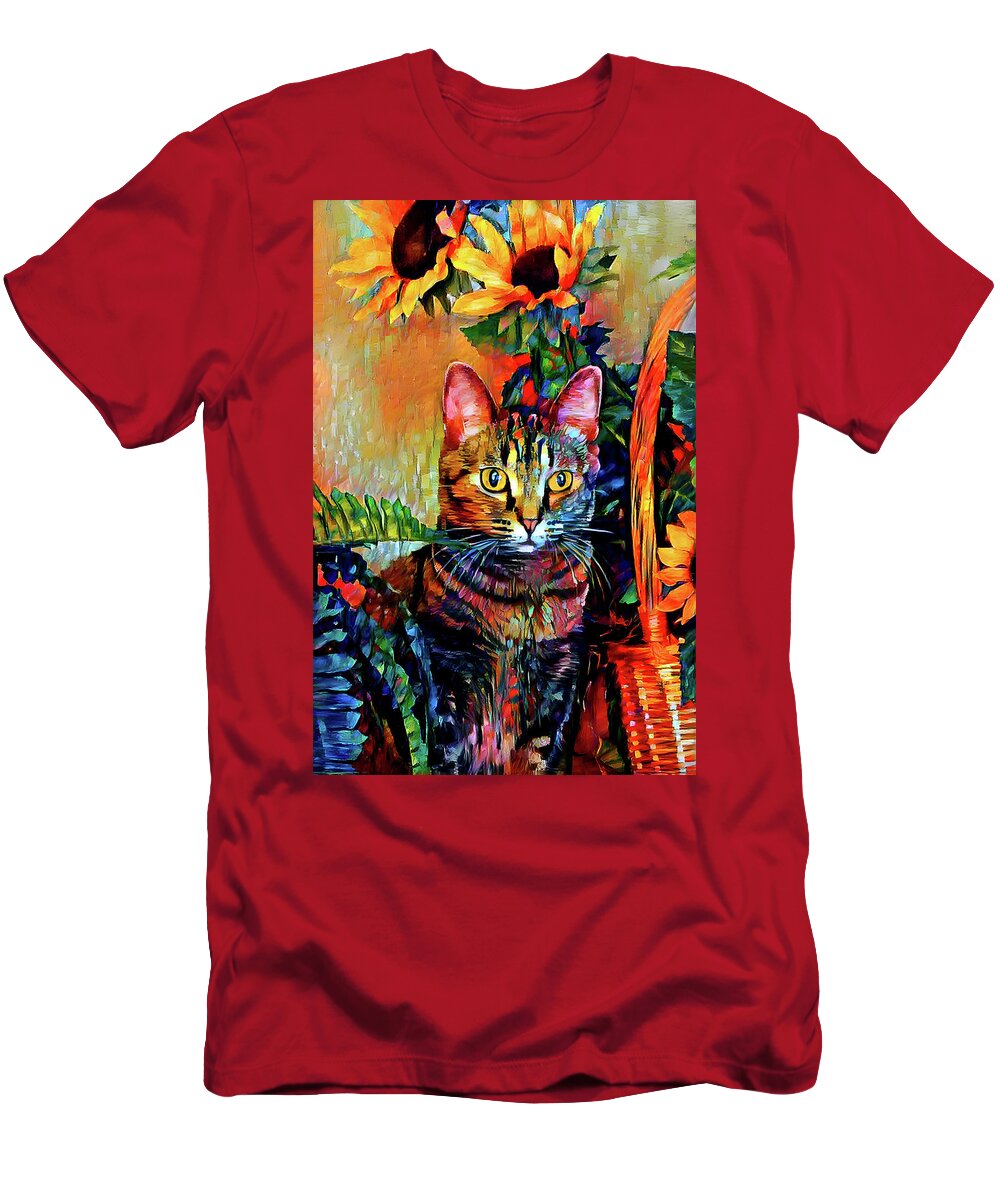 Bengal Cat T-Shirt featuring the digital art Bengal Tabby Cat with Sunflowers - Pepper by Peggy Collins