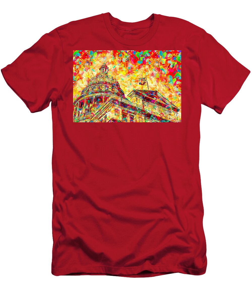 Texas State Capitol T-Shirt featuring the digital art Texas State Capitol in Austin - colorful painting by Nicko Prints