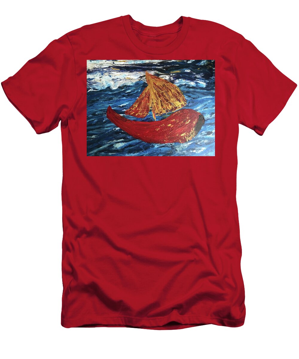 Red Boat T-Shirt featuring the painting The Little Red. Boat by Medge Jaspan