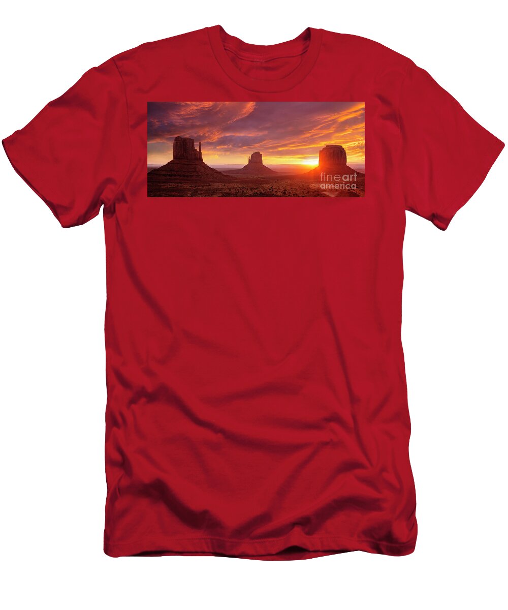 Sunrise Sky T-Shirt featuring the photograph The Mittens at Sunrise, Monument Valley Navajo Tribal Park, Arizona, USA by Neale And Judith Clark