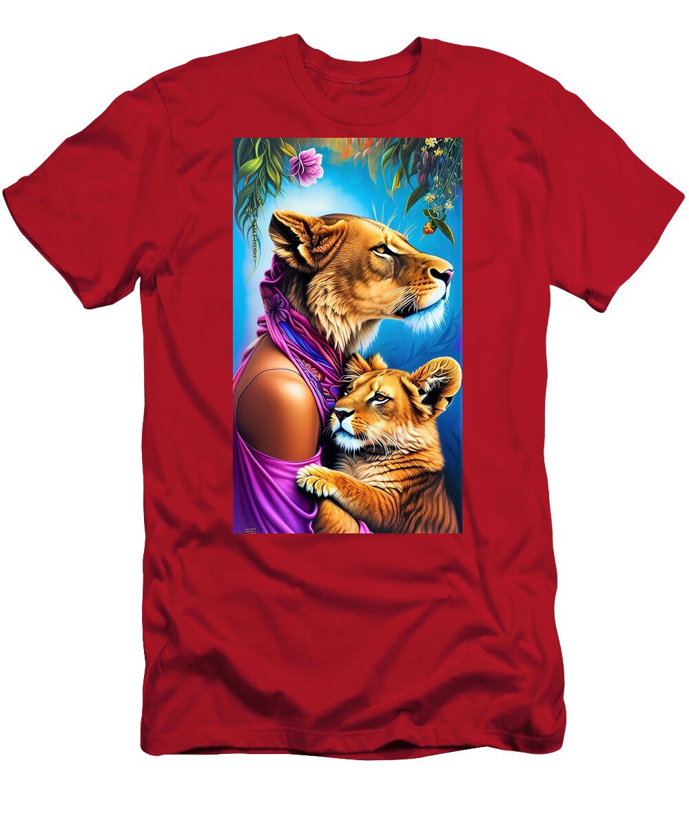 Lioness T-Shirt featuring the digital art A I The Protector and Defender by Denise F Fulmer