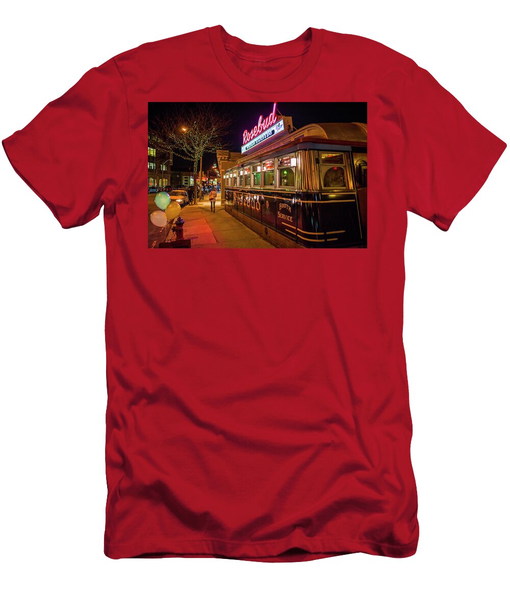 Rosebud T-Shirt featuring the photograph The Rosebud Diner Davis Square Somerville MA Balloons by Toby McGuire