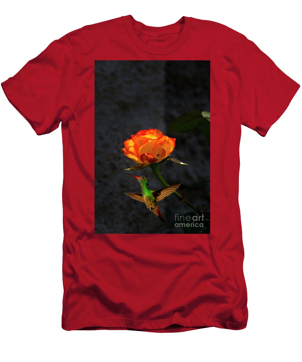 2316e T-Shirt featuring the photograph The Tea Rose And The Hummingbird II by Al Bourassa